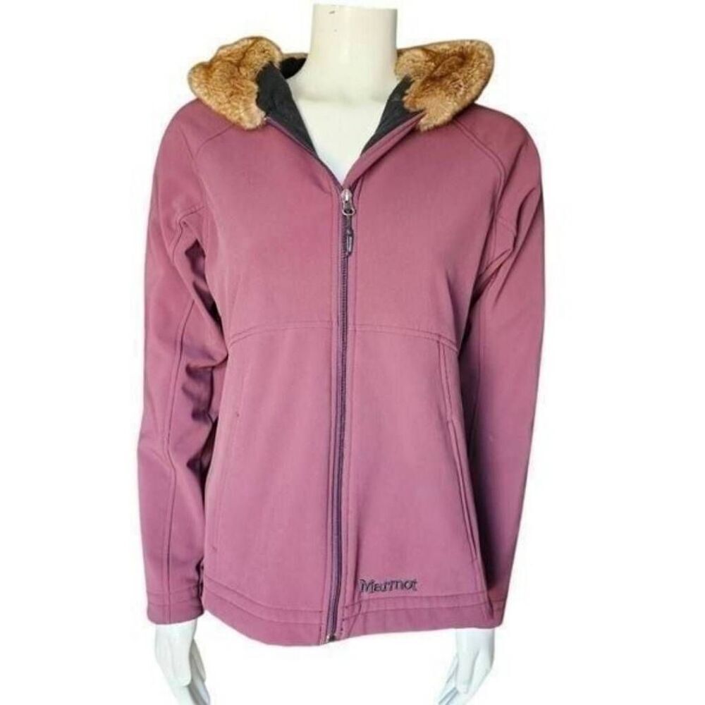 Marmot Women’s Medium Softshell Jacket Faux Fur Hood Lined Purple Full Zip Outdo